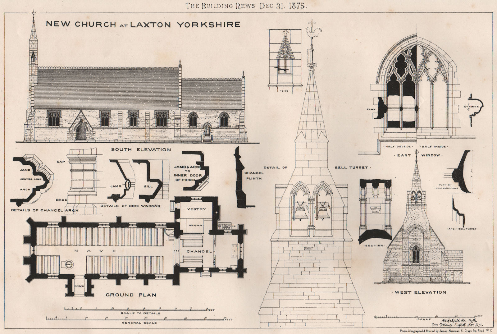 New Church at Laxton Yorkshire  1875 old antique vintage print picture